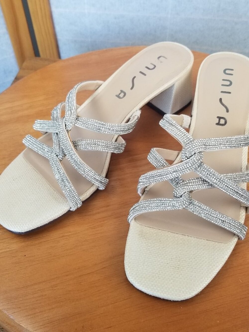 Unisa Tazz Dress Sandal Size 8 Cream Beaded 2" Block Heel Slip On Shoe Champagne